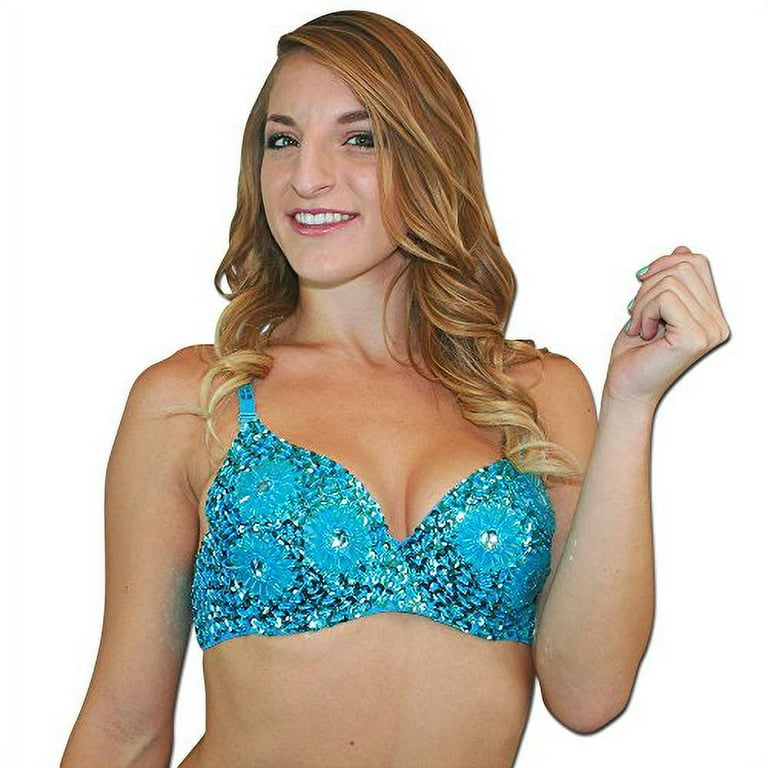 Hip Shakers Exotic Floral Embellished Sequin Belly Dance Bra Top,  Turquoise, L/XL 