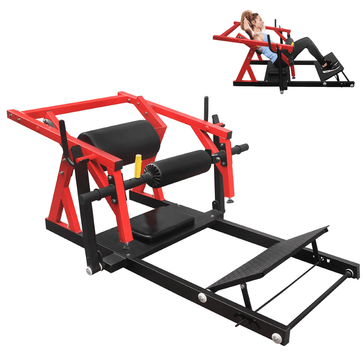 LuckyNote Hip Thrust Machine, 2000 lb Capacity Bridge Machine with Dual Weight Holders, Adjustable Foot Pedals & Safety Lock, Glute Workout Equipment, Red Black