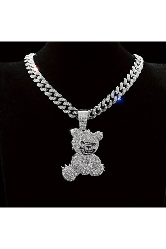 Hip-hop Street Style Classic Cuban Link Bear Pendant Necklace For Men - Stylish Daily Wear Accessory For Parties, Music Festivals, And Gift Giving,【silvery】
