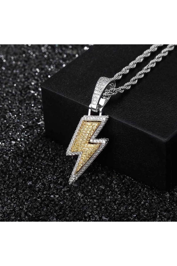Hip-hop lightning bolt pendant, 18K gold-plated cubic zirconia necklace with diamonds and micro-paved imitation diamonds, suitable for both men and women.