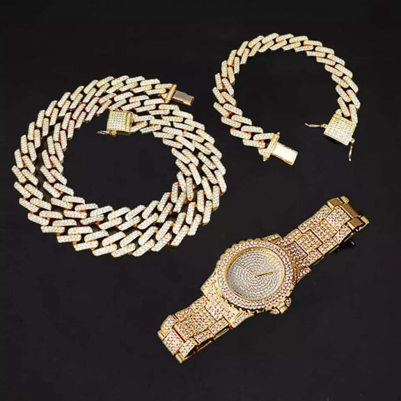 Hip hop set icedout necklace bracelet watch gold Plated #9