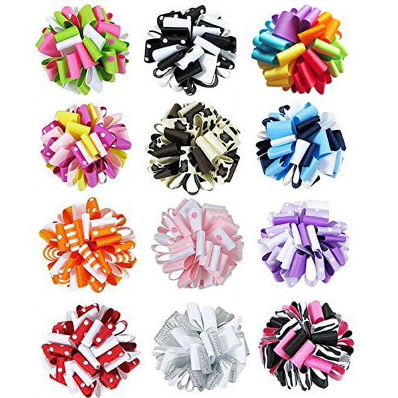 HipGirl Boutique Girl 12pc Large 3.5" Loopy Ribbon Puff Hair Bow Clips/Barrettes