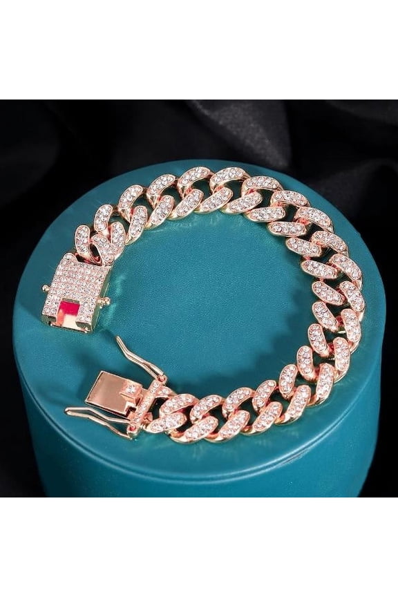 Men Women 13MM Prong Cuban Link Chain Bracelet Bling Iced Out 2 Row Rhinestone Paved Miami Rhombus Cuban Chain Jewelry
