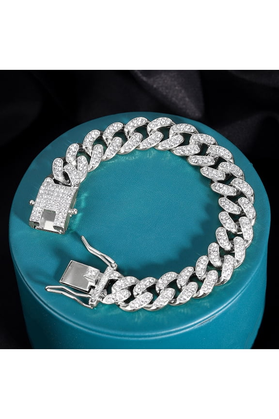Men Women 13MM Prong Cuban Link Chain Bracelet Bling Iced Out 2 Row Rhinestone Paved Miami Rhombus Cuban Chain Jewelry