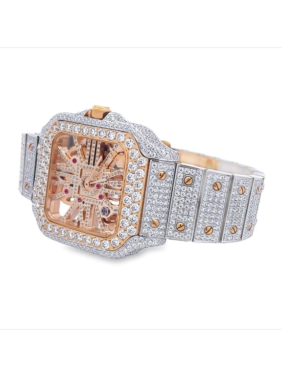 HipHopBling Unisex 40mm Stainless Steel Skeleton Iced Wristwatch, Rose White