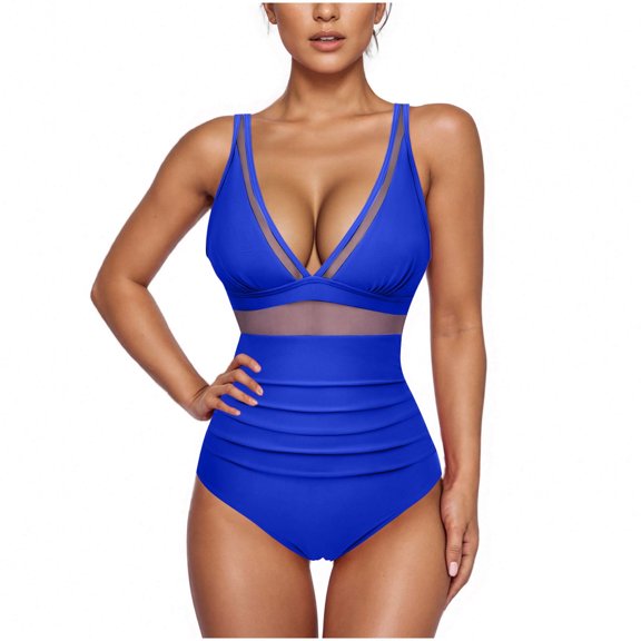 Elvqul 1 Piece Swimsuit for Women Underwire Shapewear Tummy Control Blue Summer Solid Juniors Swimsuit