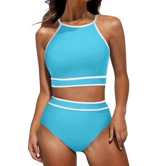 Hipattires 2 Piece Bathing Suits Women Athletic Bikini Sets Comfortable High Waisted Light Blue Swimwear Plain Ladies Swimsuits