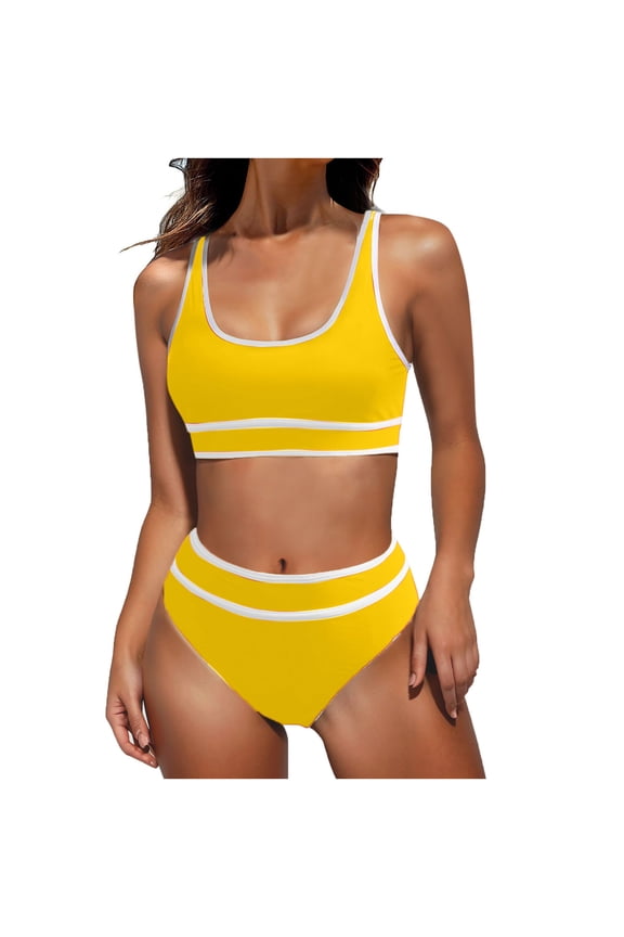 2 Piece Bathing Suits for Women with Molded Cups Yellow Plus Size Bikini Sets Plain Athletic Swimwear High Waisted Juniors Comfortable Swimsuits