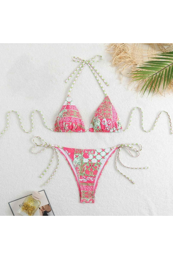 2 Piece Swimsuits for Women Pink Athletic Print Bikini Sets Summer Plus Size with Molded Cups Swimwear Bathing Suits