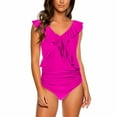 thumbnail image 1 of Hipattires Beach Bathing Suits for Women Ruffle V-Neck Solid Hot Pink 1 Piece Fashion Swimwear with Molded Cups Juniors Swimsuits, 1 of 5