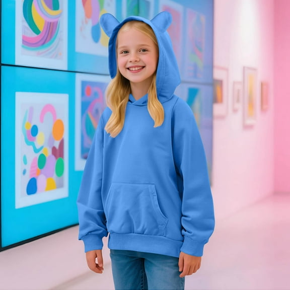 Elvqul Big Girls Hoodies with Pockets Plain Shirts Lightweight Pullover Long Sleeve Cute Dark Blue Sweatshirts for Big Girls Hooded