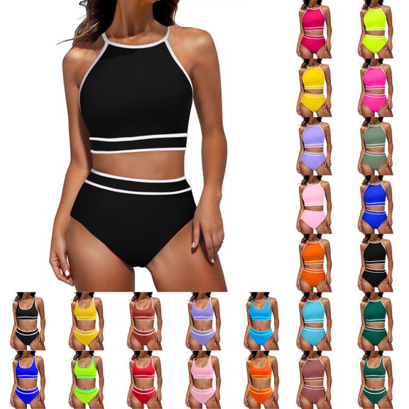 Hipattires Black Bathing Suits Women 2 Piece Bikini Sets Plain High Waisted Comfortable Athletic Swimwear Swimsuits
