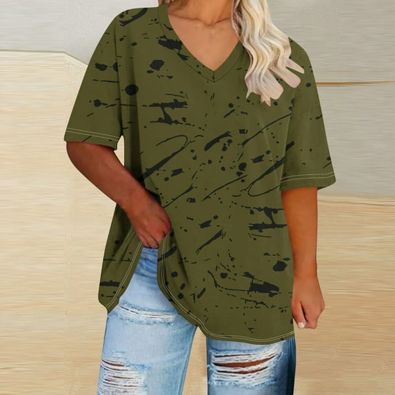 Hipattires Blouses Women Plus Size Graphic Oversized T-Shirts Short Sleeve Trendy Army Green Tops V-Neck Beach Blouses