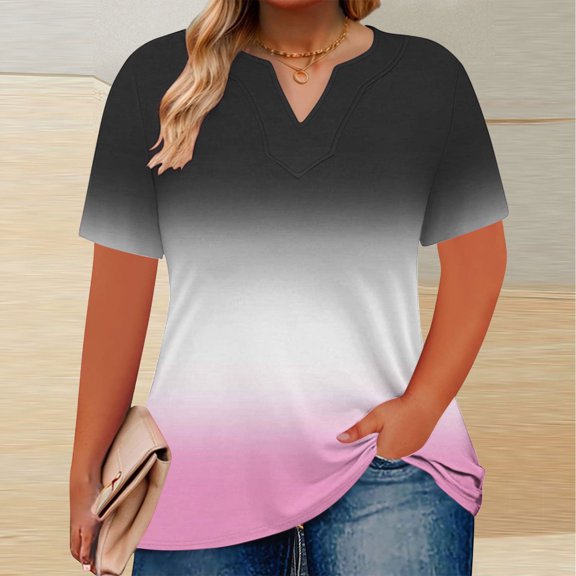 Hipattires Blouses Women Plus Size Loose Beach Short Sleeve T-Shirts Dressy White Tops Gradient Print V-Neck Blouses