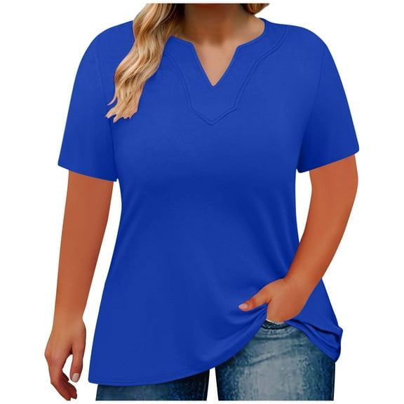Hipattires Blue T-Shirts for Women V-Neck Beach Tops Plus Size Short Sleeve Blouses Solid Trendy T-Shirts