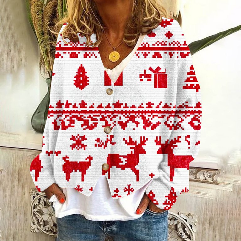 Hipattires Christmas Womens Sweaters Red Cute Funny Cardigan Plus