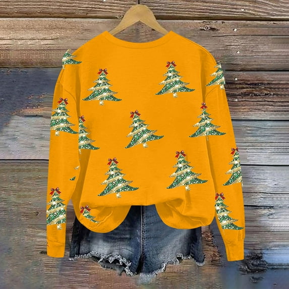 Hipattires Christmas Womens Sweatshirts, Christmas Clothes for Women, Printed Loose Trendy Long Sleeve, Yellow
