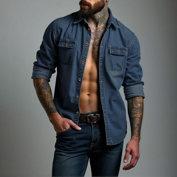 Elvqul Collared Shirts for Men Plain Casual with Pockets Long Sleeve Blue Mens Shirts Big and Tall