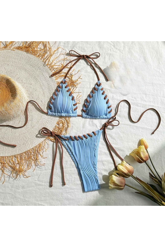 Comfortable Bathing Suits Women 2 Piece Plus Size Sky Blue Bikini Sets Beach Plain Swimwear Juniors Swimsuits