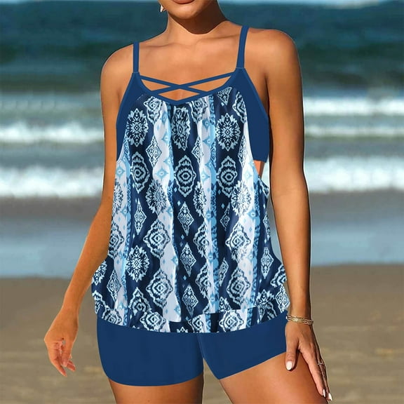 Hipattires Comfy Bathing Suits for Women Two Piece Print Athletic Dark Blue Swimwear Swimsuits