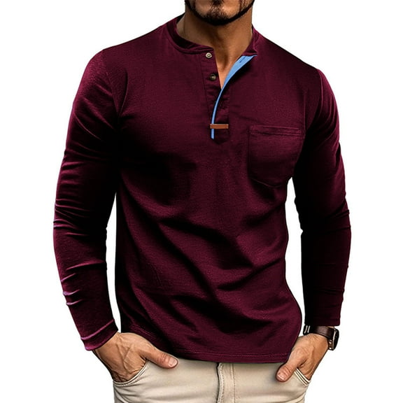 Hipattires Cotton Shirts for Men Long Sleeve Tops Pullover Henley , Solid Color Round Mens Shirts Spring/Winter