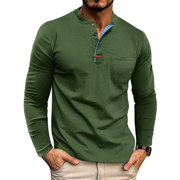 Hipattires Cotton Shirts for Men Pullover Tops , Spring/Winter Henley Long Sleeve Round Mens Shirts Solid Color