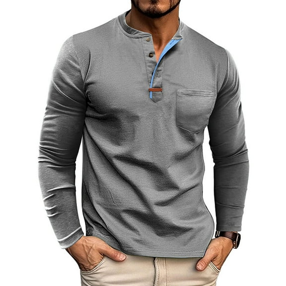Hipattires Cotton Shirts for Men Tops Pullover Long Sleeve Henley , Plain Crew Neck Lightweight Mens Shirts