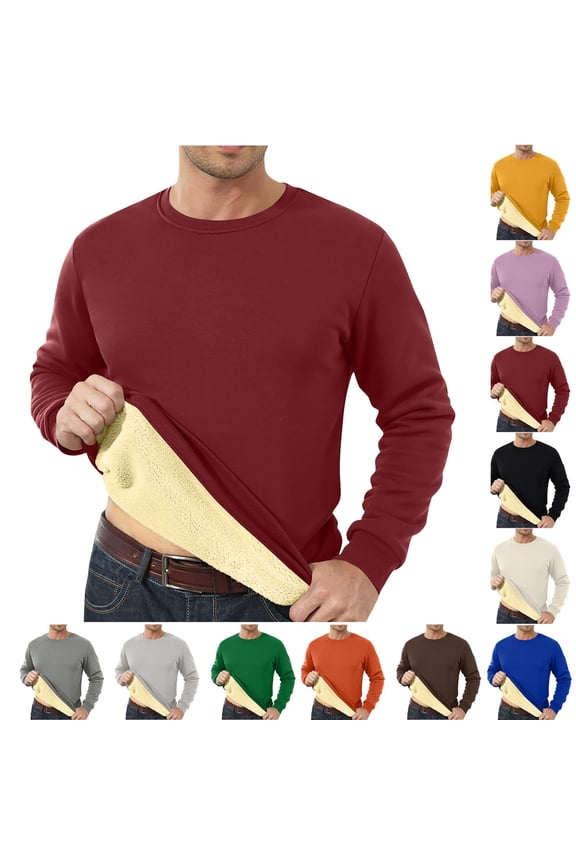 Fleece T-Shirts for Men Plain Pullover Base Layer Trendy Winter Thicken Thermal Long Sleeve Mens Tops Round