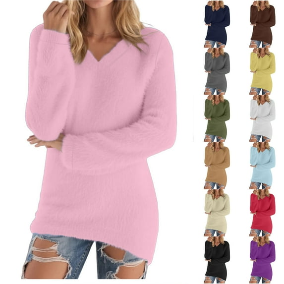 Hipattires Fleece Tops for Women, Pullover Tops for Women, V Neck Long Sleeve Solid, Ribbed Soft Loose