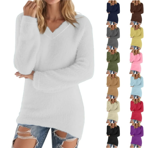 Hipattires Fleece Tops for Women, Pullover Tops for Women, V Neck Long Sleeve Solid, Ribbed Soft Loose