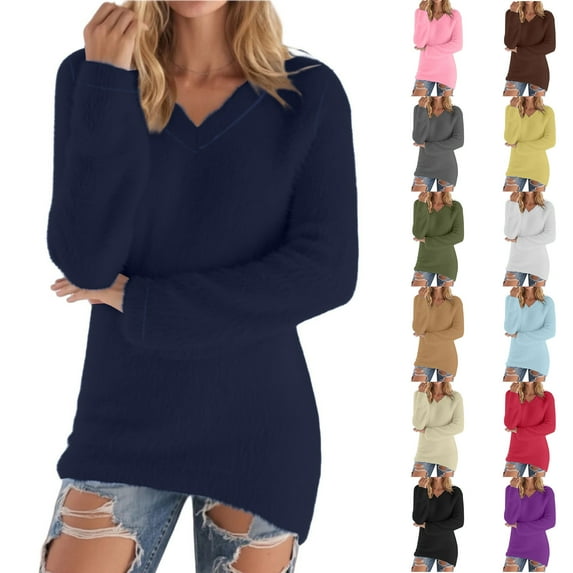 Hipattires Fleece Tops for Women, Womens Plus Size Sweaters, V Neck Long Sleeve Solid Color, Ribbed Soft Loose