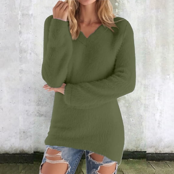 Hipattires Fleece Womens Tops, Womens Sweaters, V Neck Long Sleeve Plain, Ribbed Soft Loose