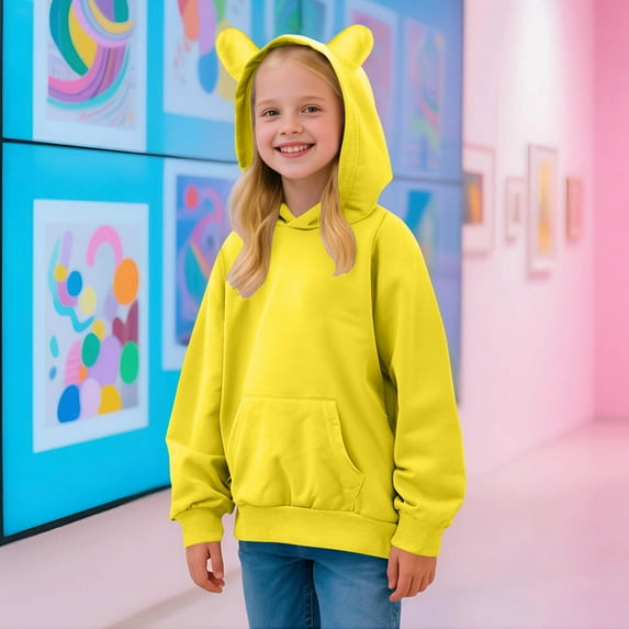 Elvqul Girls Lightweight Hoodies Plain with Pockets Shirts Trendy Pullover Yellow Long Sleeve Sweatshirts for Big Girls Hooded