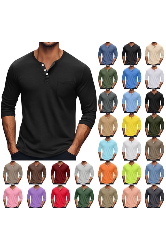 Henley Big and Tall Shirts for Men Long Sleeve Pullover Tops Pocket Plus Size , Solid Round Neck Mens Shirts Spring/Winter