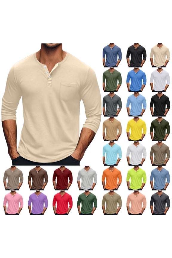 Long Sleeve Shirts for Men Henley Big and Tall Pullover Solid Tops , Pocket Round Collar Mens Shirts Lightweight