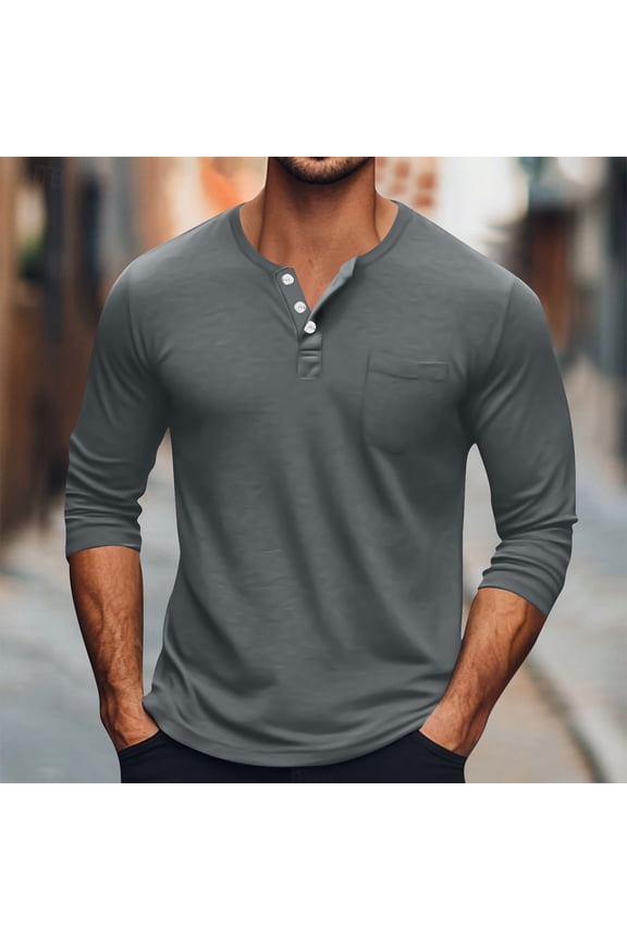 Long Sleeve Shirts for Men Henley Big and Tall Tops Pullover Crew Neck Plain Pocket , Lightweight Mens Shirts
