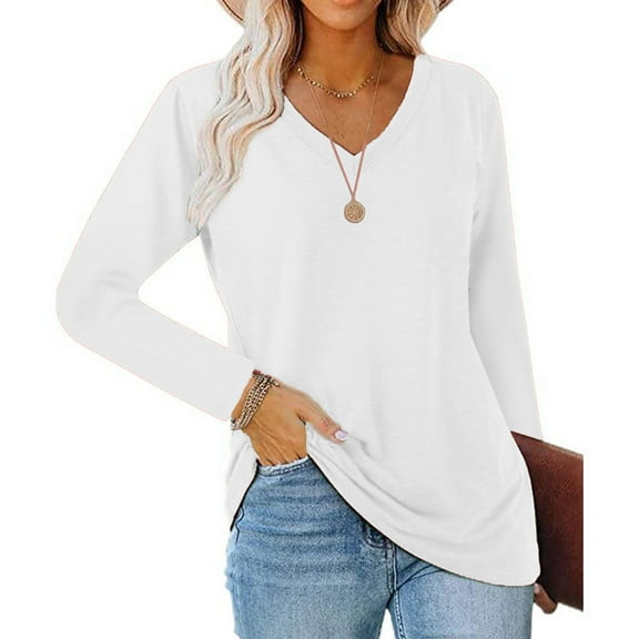 Hipattires Long Sleeve Tops for Women Blouse Dressy Pullover Solid Color Plus Size V-Neck Comfy White Womens Shirts Winter