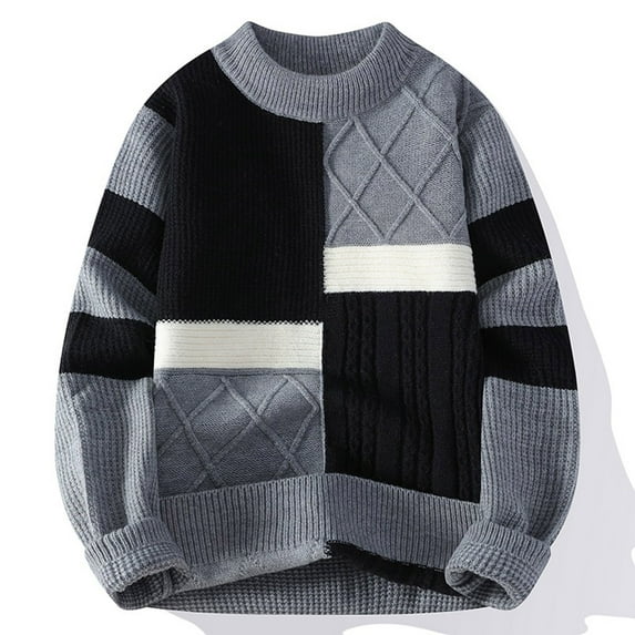 Elvqul Mens Big and Tall Pullover Sweater Crew Neck Gray Stretchy Sweater for Men Patchwork