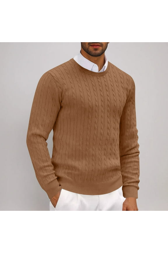 Mens Big and Tall Sweater Brown Crewneck Stretchy Pullover Sweater for Men Plain