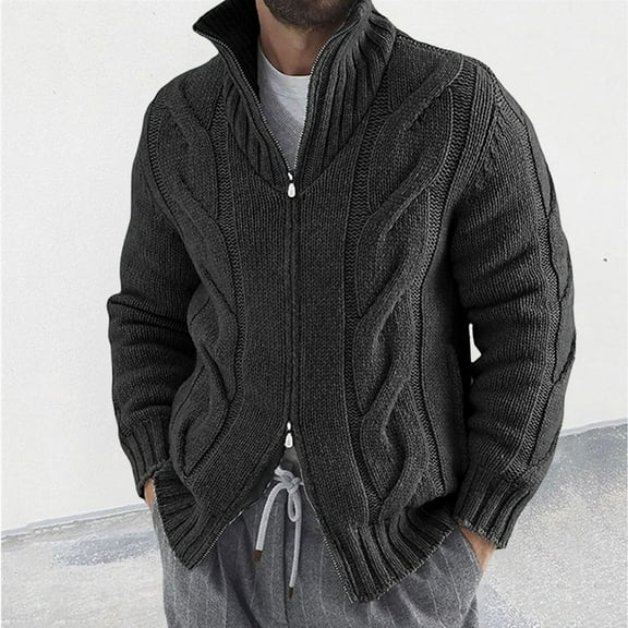 Elvqul Mens Big and Tall Sweater Solid Color Long Sleeve Casual Dark Gray Cardigan Sweater for Men