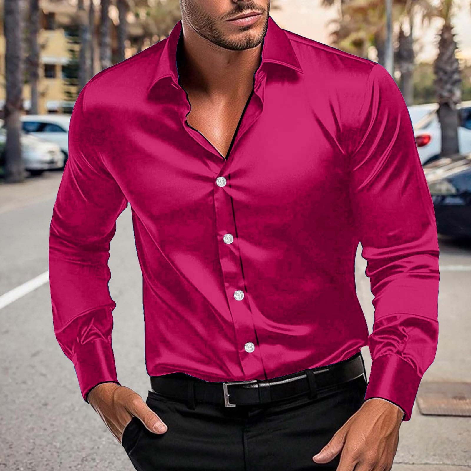 Elvqul Mens Collar Shirts Casual Long Sleeve Hot Pink Shirts for