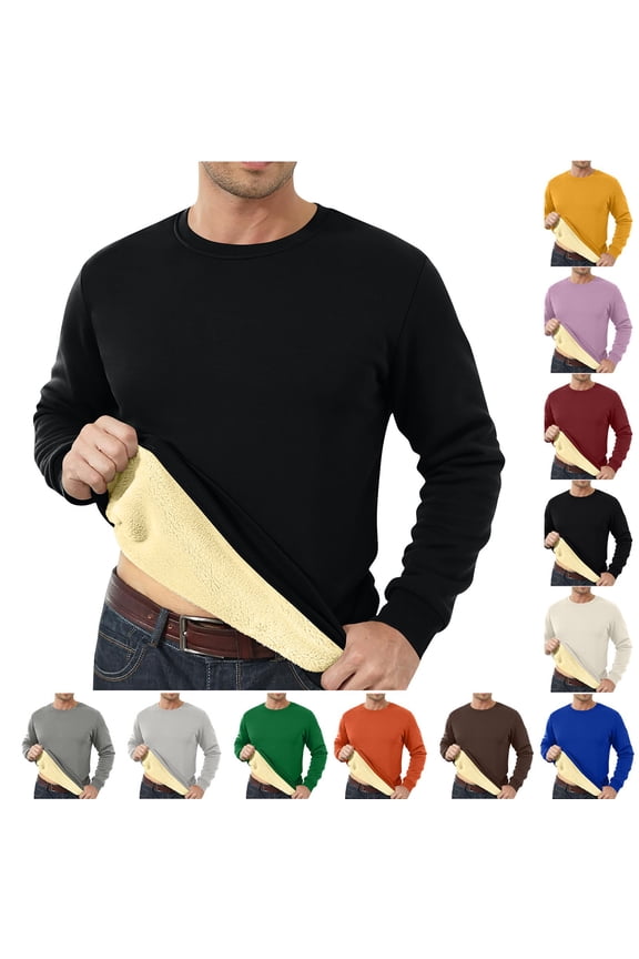 Mens Fleece T-Shirts Fashion Pullover Thicken Thermal Plain Winter Long Sleeve Base Layer Shirts for Men Round