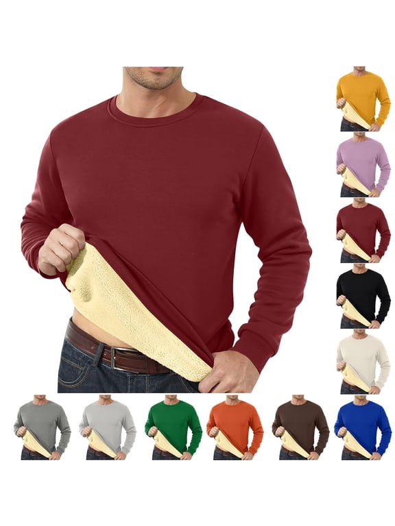 Mens Fleece T-Shirts Plain Casual Pullover Winter Base Layer Long Sleeve Round Shirts for Men Thicken Thermal