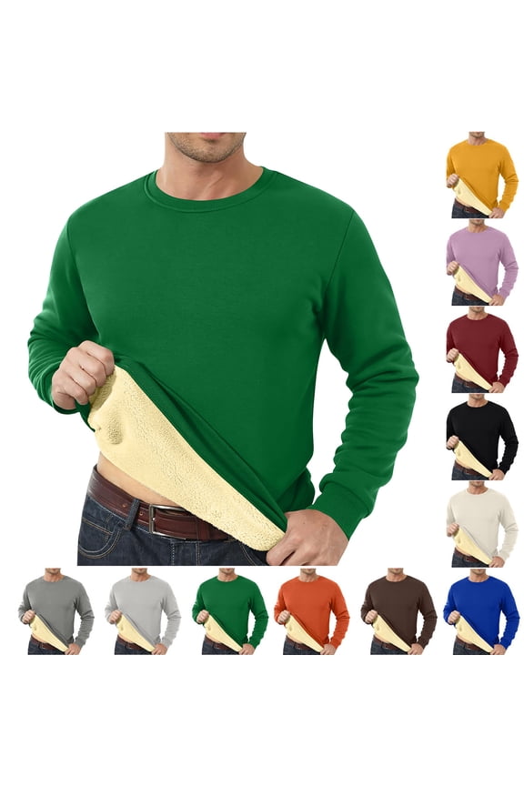 Mens Fleece T-Shirts Pullover Thicken Thermal Plain Trendy Base Layer Winter Round Neck Stylish Tops for Men Long Sleeve