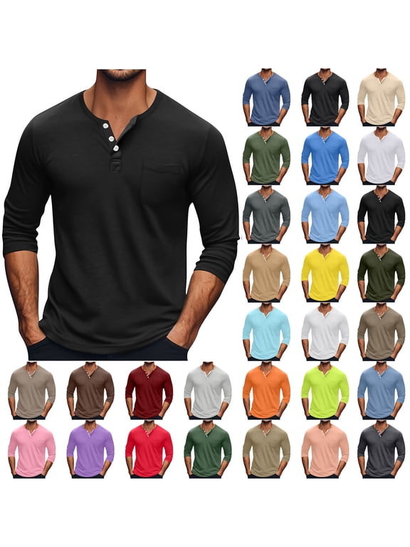 Mens Long Sleeve Shirts Tops Henley Big and Tall Pullover Solid Color , Round Lightweight Shirts for Men Pocket
