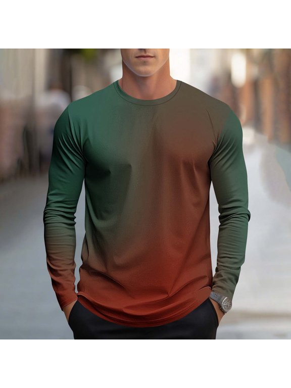 Mens Long Sleeve Shirts Tops Workout Pullover Gradient Print Crewneck , Spring/Winter Big and Tall Shirts for Men