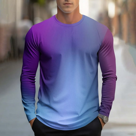 Hipattires Mens Long Sleeve Shirts Workout Gradient Print Pullover , Round Neck Tops Casual Shirts for Men Spring/Winter
