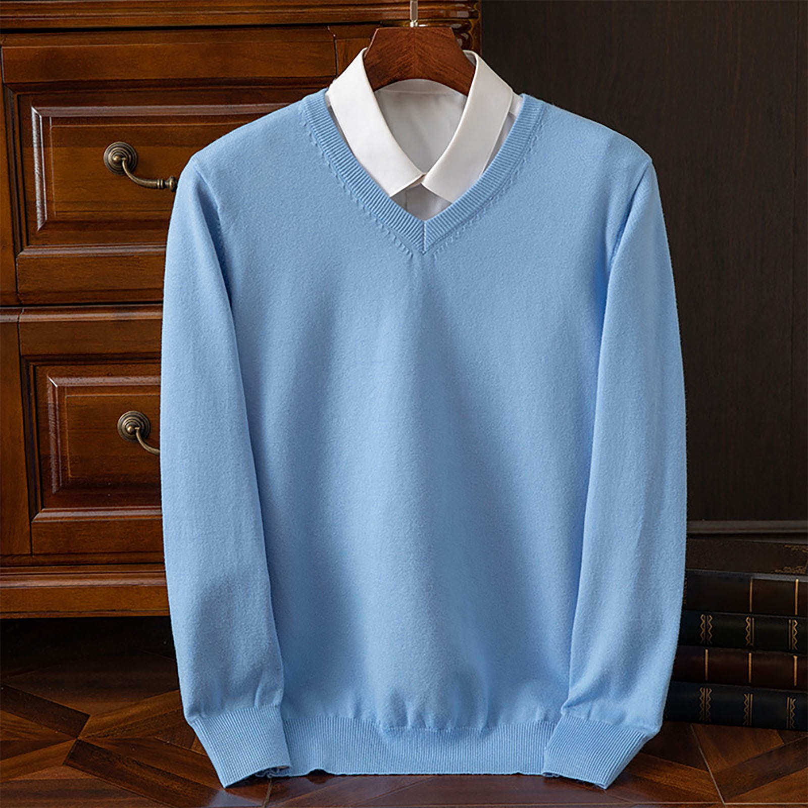 Elvqul Mens Pullover Sweater Shirt Light Blue V Neck Sweater for