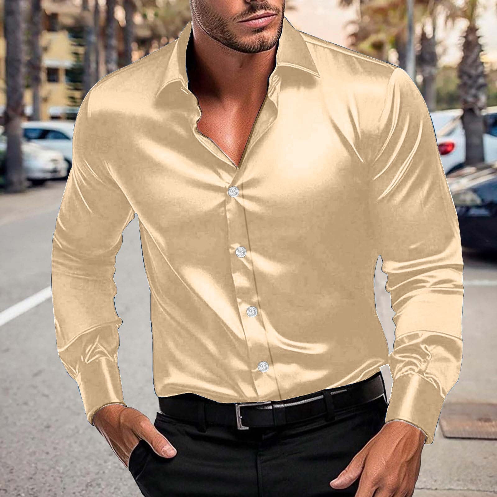 Elvqul Mens Shirts Formal Rose Gold Long Sleeve Turndown Collar Shirts for Men, Men's, Size: Large