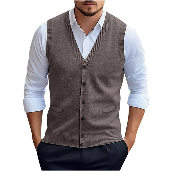 Elvqul Mens Sweater Brown Big and Tall Knitted Solid Color Sweater Vest for Men